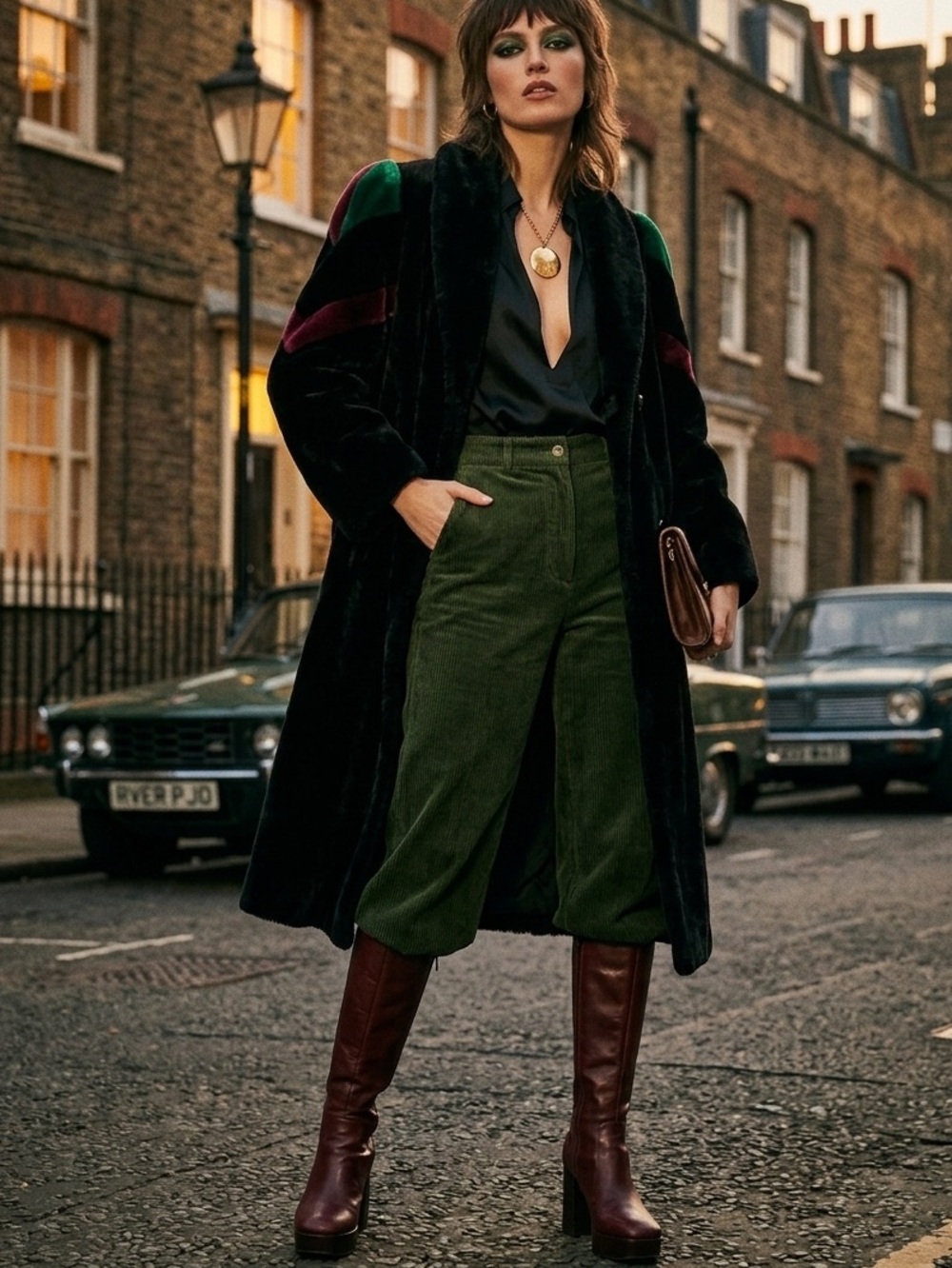 Vintage Women’s Black‎ Faux Fur Long Coat with Green & Burgundy Accents
